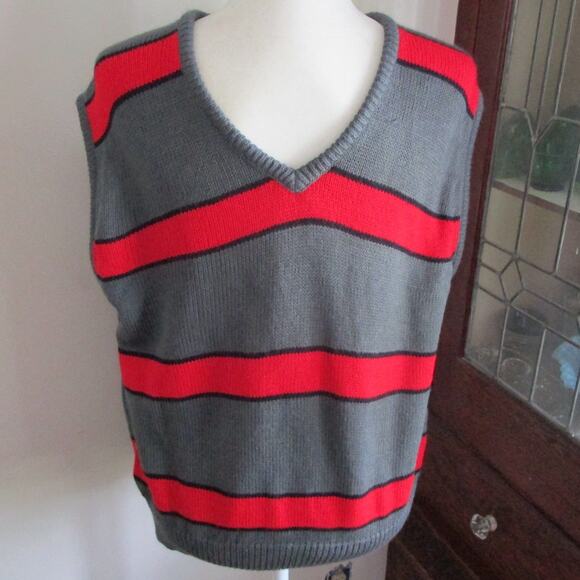 Vintage 80s Gray Red Striped Sweater Vest Men S Retro Prep Academia Unisex Cozy - Picture 3 of 17